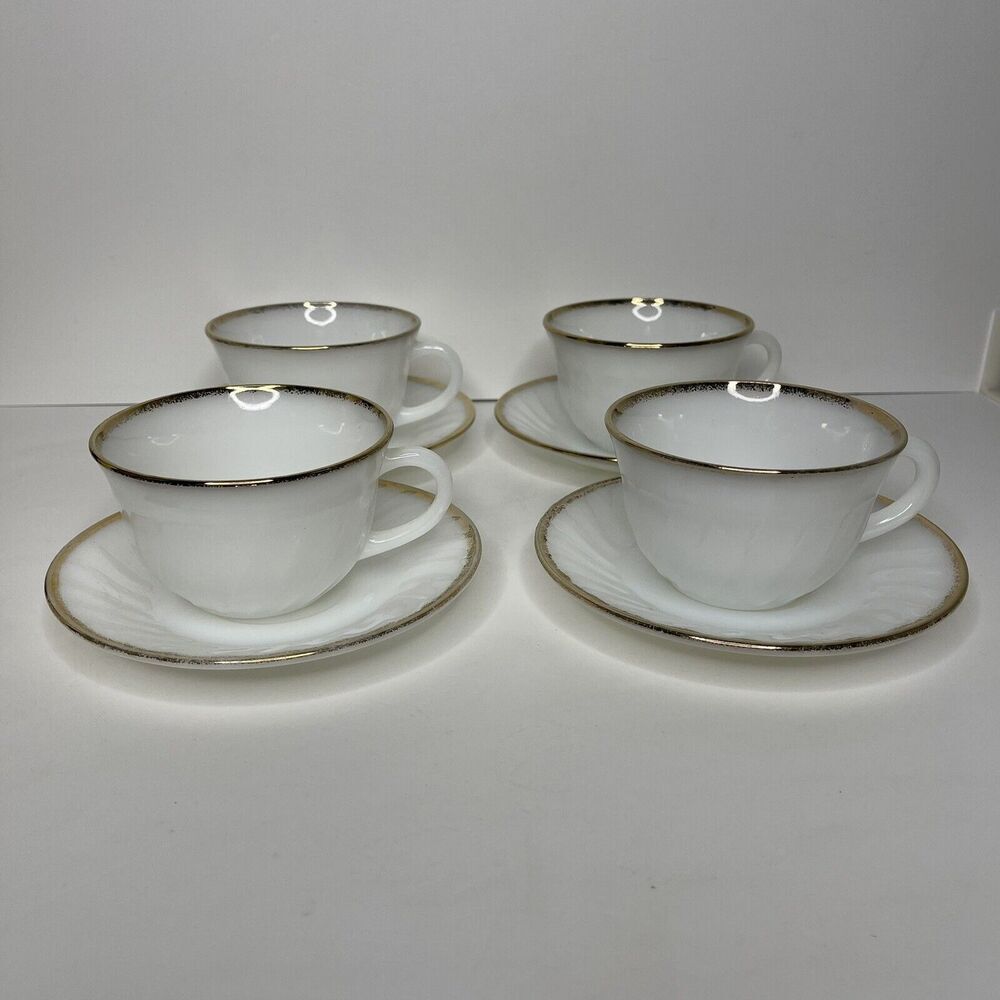 4 Vintage Fire King Milk Glass Cup Teacup Saucer White Swirl Gold Rim Oven Ware